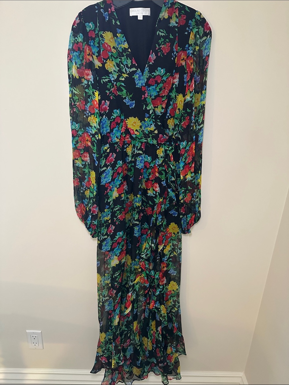 Caroline Constas Black Floral Silk V‑Neck Long Sleeve Maxi Dress